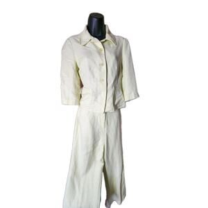 Liz Claibor Button Up Jacket Pants Suit Set Petite 8 Paris Yellow/Green 29" W